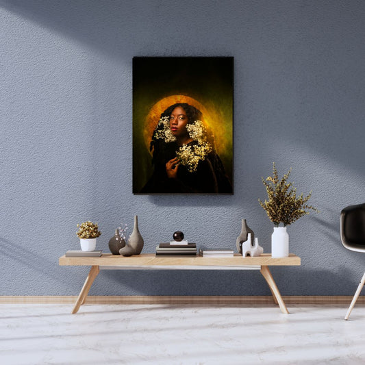 Room interior with a painting of a woman holding flowers on the wall, a wooden console table with decorative items, and a chair.